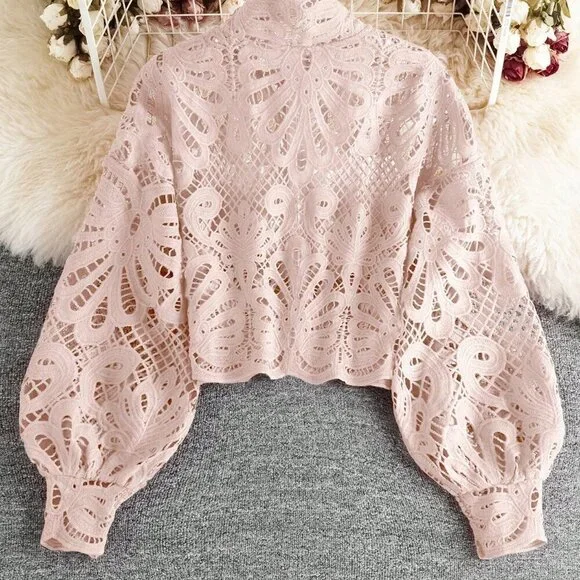 Baby Pink Elegant Women's Floral Lace Zipper Front Lantern Sleeve Blouse - Picture 2 of 6